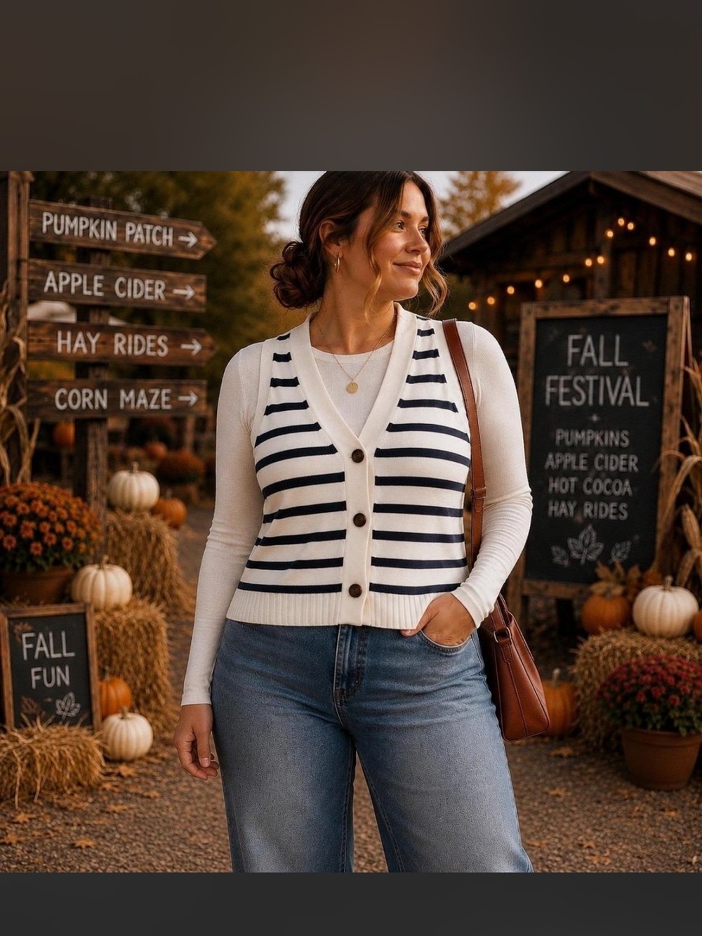 Ann Taylor Cream & Navy Striped Button Vest